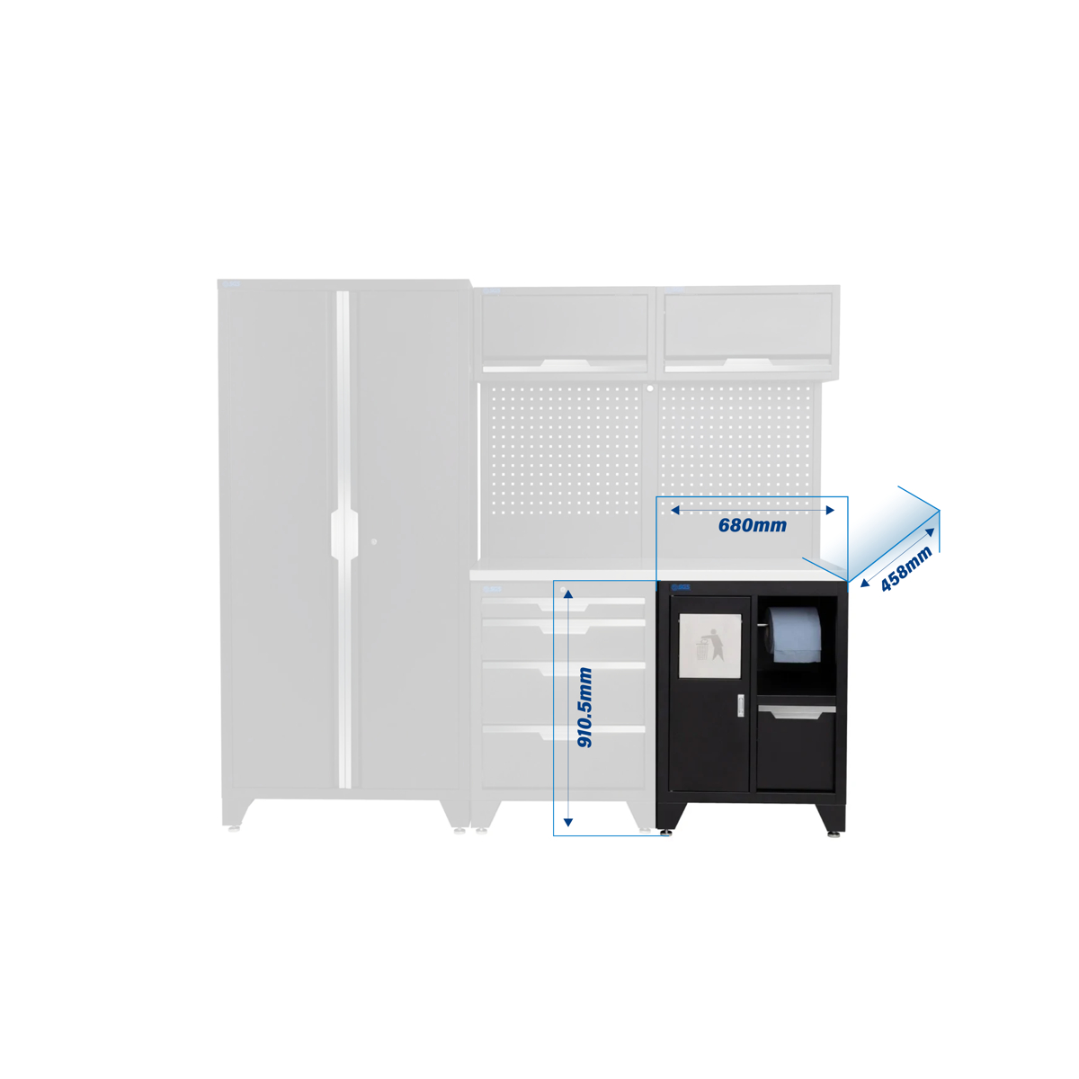 SGS 7pc Modular Garage Storage | 4 Drawers | Stainless Steel Worktop | Bin Unit | 2x Upper Cabinets | Tall Double Cabinet